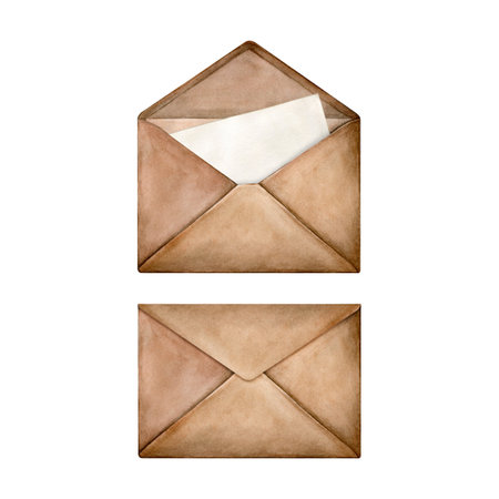 Watercolor set of closed and open craft envelope with letter. Good for postcards, recipes, menu,...