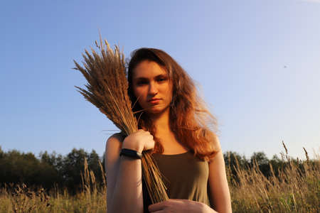 russian village scenery - hot summer day on the countryside with a young girlの写真素材