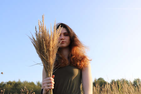 russian village scenery - hot summer day on the countryside with a young girlの写真素材