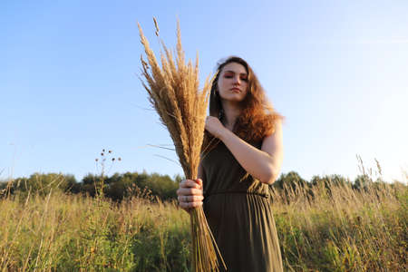 russian village scenery - hot summer day on the countryside with a young girlの写真素材