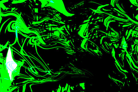 Neon green and black abstract background with fluid shapes and high contrast, resembling liquid paint swirls and bold artistic strokesの写真素材