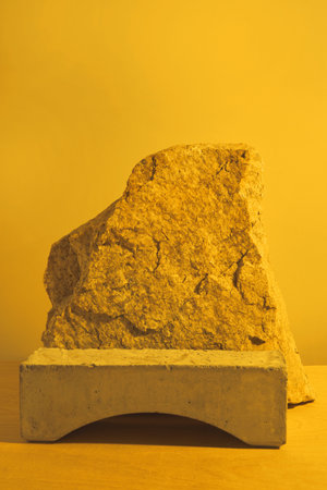Yellow stone and a piece of podium tile on a yellow background, natural background for your productの写真素材