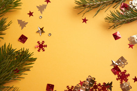Yellow background with confetti and fur, Christmas mockup . High quality photoの写真素材