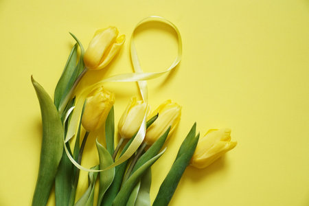 Five yellow fresh tulips on a yellow background with the number eight made of ribbon, concept March 8の写真素材