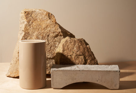 Beige stone and a piece of gray podium tile on a beige background, natural background for your productの写真素材