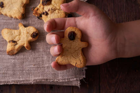 Homemade gluten-free, lactose-free cookies without sugar with raisins and chocolate on dark brown wooden background and Child hand holds gingerbreadの写真素材