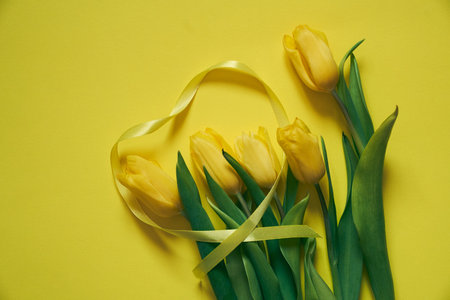 Five yellow fresh tulips on a yellow background with the heart made of ribbon. Concept of holiday, Valentin day, International womans day, Mothers day. Card with copy space.の写真素材