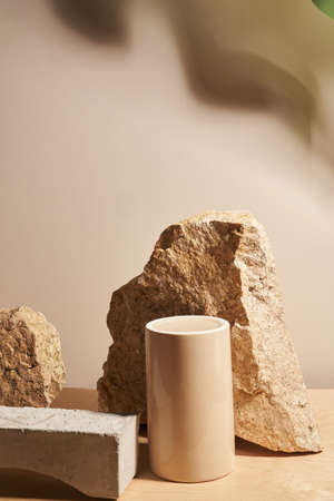 Beige natural background with podium for your product, stones and stage for your product demonstration with tropical plant shadow frameの写真素材