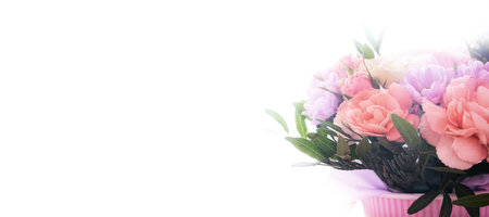 Beautiful bouquet of mixed different flowers in hand on white isolated background, greeting, gift bannerの写真素材