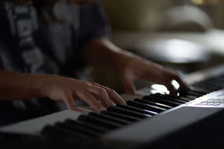 The musicians hands on the synthesizer. A cropped image of a person playing a synthesizer. Side...
