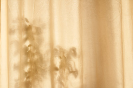 A dark shadow of leaves on a beige curtain. Neutral textured background, nature concept. Space for...