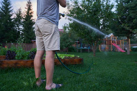 A man is watering outdoor plants in the garden on the background of a playground. Jet spraying of water in daylight. Gardening and hobby concept. High quality photoの写真素材