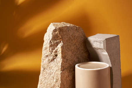A design element with space to copy. A podium made of porcelain for product presentation on a...