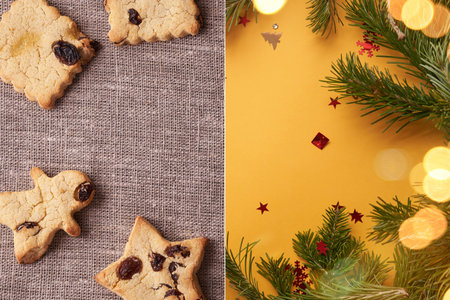 Collage of Christmas cookies and fir branches. Christmas background with copy space. High quality photoの写真素材
