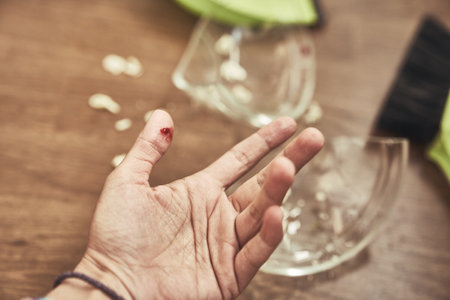 Close-up of a cut female finger on the background of a split cup and a brush with a dustpan for...