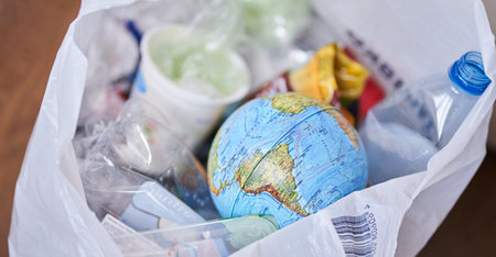 The concept of the problem of ecology and World Environment Day. Globe of the earth with plastic...