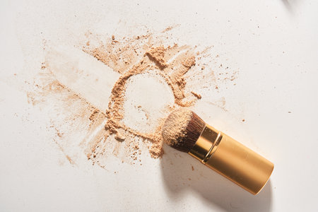 Soft cosmetic brush, with shining sparkling powder on the bristles.The powder is scattered on the table, on a light background with space to copy in the concept of beauty and makeup.High quality photoの写真素材