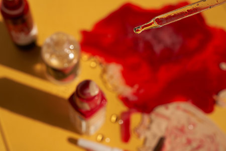 Blood plasma in the form of a solution of the drug for plasmolifting therapy. Transparent pipette on a red background of blood. Selective focus. The concept of health and beauty. High quality photoの写真素材
