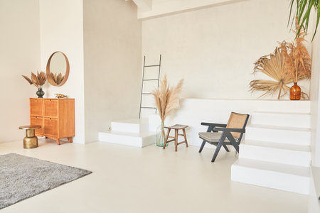Part of a modern fashionable interior in a bright house. The house is decorated with dried palm...