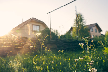 A classic cottage with a summer garden behind a fence. The house is in the rays of the setting sun. The concept of suburban life with space to copy. High quality photoの写真素材