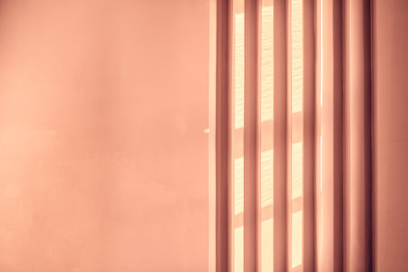 Abstract peach fuzz background with geometric vertical slats, backdrop with copy space, light and...