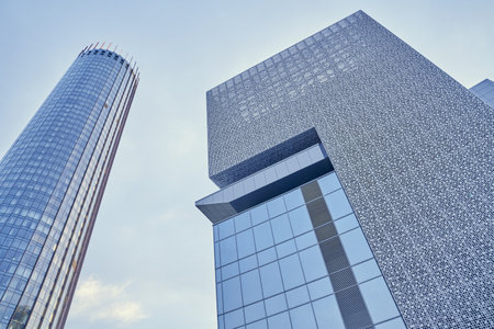 Business buildings in the city center. With space to copy. A view from below of modern skyscrapers...