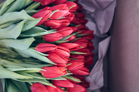 Top view of red tulips in an ecological paper box lie ready for delivery. Many flowers In cardboard box for gift with copy space.の写真素材