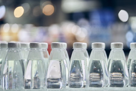 There are a lot of white caps from drinking water bottles and bottles with clean drinking water on a defocused background. With space to copy. High quality photoの写真素材