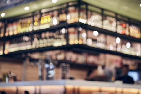The blurred interior design of the cafe is made in vintage style, designed in warm and cozy colors,...