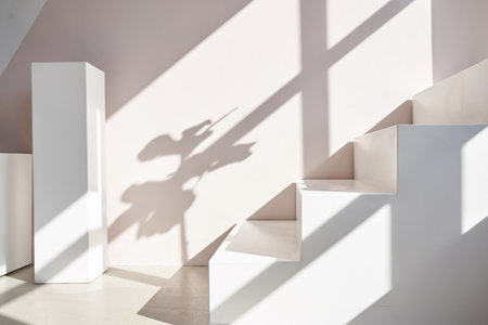 Stairs podium, stairs platform. Podium with stairs . Studio room background with sunlight and...