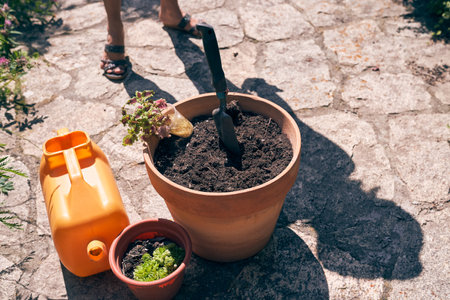 Preparing for flower transplanting. Brown pots of different sizes. There are womens feet on the background of a stone path. High quality photoの写真素材