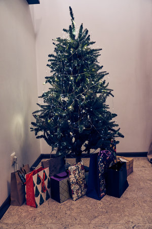 Christmas tree with LED garland on a wire. Festive decorations as a symbol of the approaching Christmas. The gifts are under the tree. High quality photoの写真素材