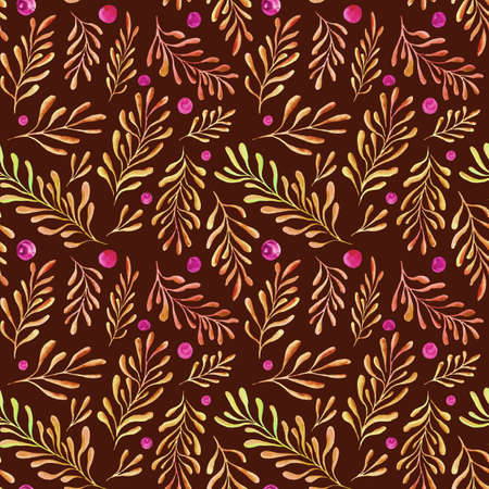 Hand painted seamless pattern background, texture with watercolor branches and berries. Hand drawn floral burgundy background with yellow twigs and pink berries.の写真素材