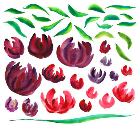 Watercolor illustration is drawn by hand. Set of leaves and red-violet flowers Bright illustration.の写真素材