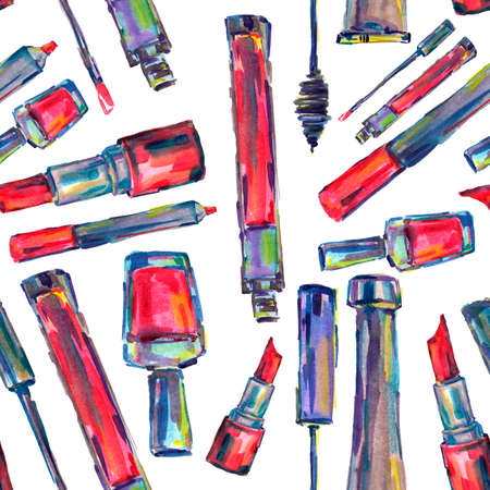 Pattern lipstick, nail polish, lip gloss, mascara, cream, red lip liner. Watercolor painted fashion illustration of perfumery and cosmetics. Vintage design for beauty card.の写真素材