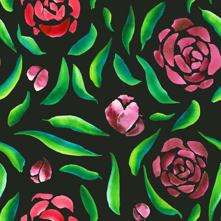 Floral pattern of leaves and flowers on a green background. Watercolor hand-drawn illustration of red-pink flowers and green leaves. Blank for your design.の写真素材