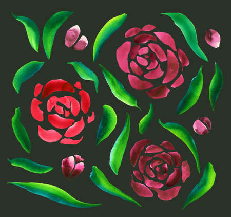 Floral set of leaves and flowers on a green background. Watercolor hand-drawn illustration of red-pink flowers and green leaves. Blank for your design.の写真素材