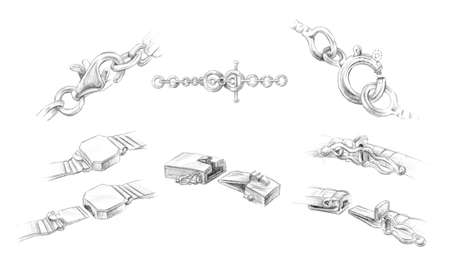 Types of chains, bracelets with clasp, jewelry accessory, hand drawing in pencil on a white backgroundの写真素材