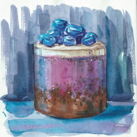 Watercolor illustration of cakes series on a dark background, delicious berry dessert with chocolateの写真素材
