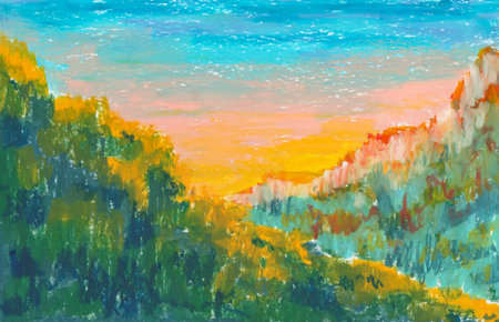 Hand-drawn oil pastel illustrations depicting a sunset sunrise landscape in the mountains with foliage, forest and hills. Colourful backgroundの写真素材