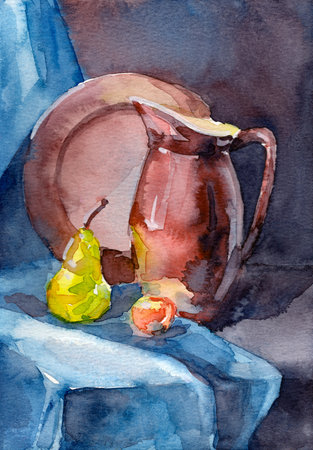 A calm, hand-drawn watercolor illustration depicting a still life of a domestic kitchen on a blue background with a jug, a pear, and a draped ceramic plate.の写真素材