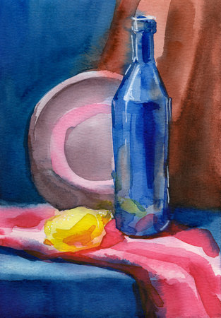 A vibrant, hand-drawn watercolor illustration depicting a home kitchen still life on a blue background with a glass bottle, lemon, and a draped ceramic plate.の写真素材