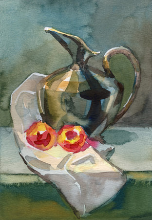 Hand-drawn watercolor illustration depicting a still life of an old metal jug and red apples. Perfect for home decor or fine art prints.の写真素材
