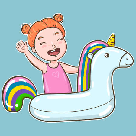 girl swims with a circle in the form of a unicornのイラスト素材