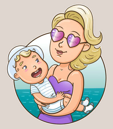 Mom holding a baby in her arms on the beach in summerのイラスト素材
