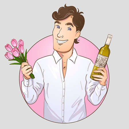 Charming man with a bouquet of flowers and a bottle of wine in his hands. Congratulations on International Women's Day.のイラスト素材