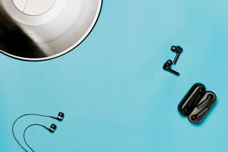 musical generations on a blue background. Flat layの写真素材