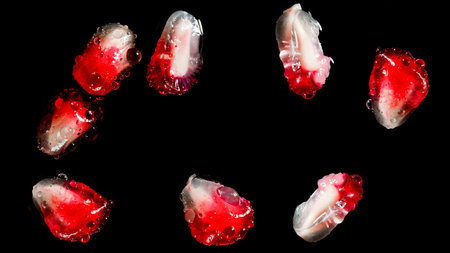 Pomegranate seeds on a black background close-up planの写真素材