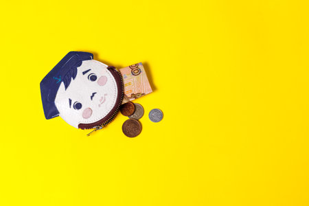 Cute little wallet with money on a yellow background. Money is tight.の写真素材