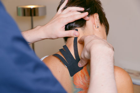 Doctor osteopath masseur treating a girl with taping, manual therapyの写真素材
